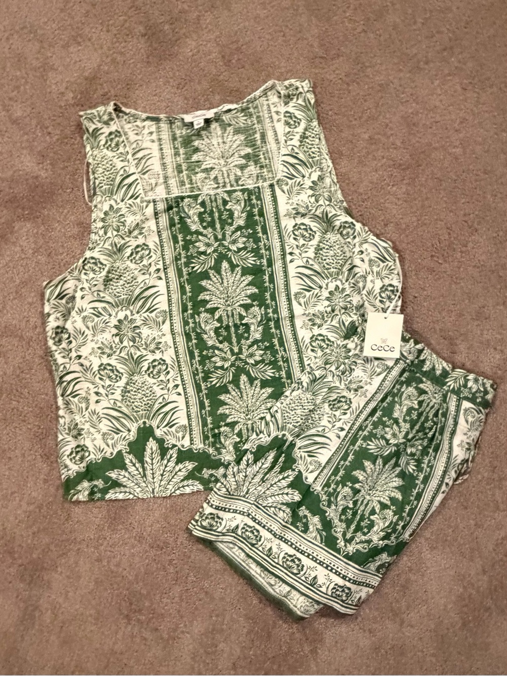 CeCe Linen Blend Tank Shorts Set XL Green Ivory Tropical Print NWT